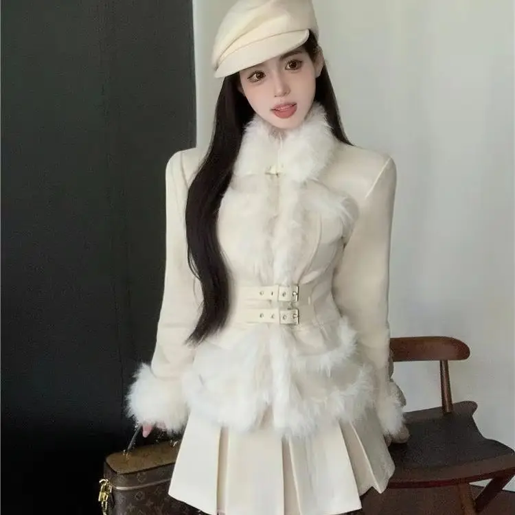 

Korean Two-Piece Small Fragrance Woolen Long-Sleeved Splicing Fur Collar Coat Waist Short Skirt Women'S Autumn Winter Suit