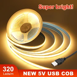 USB 5V COB LED Strip Light Super Bright 320LEDs/m High Density Linear Lighting Flexible Tape Warm/Natural/White 1M 2M 3M 4M 5M