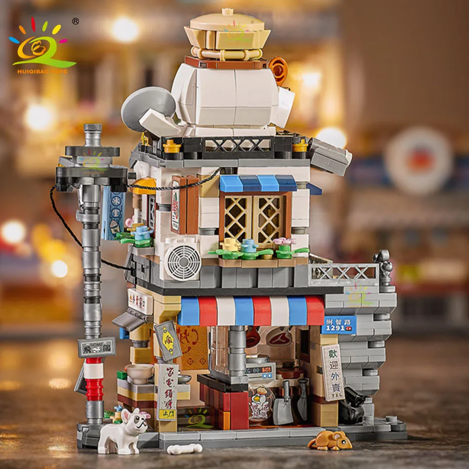 HUIQIBAO City Mini Chinese Street View Gourmet Shop Micro Building Blocks Set Seafood Restaurant DIY Bricks Toys For Children