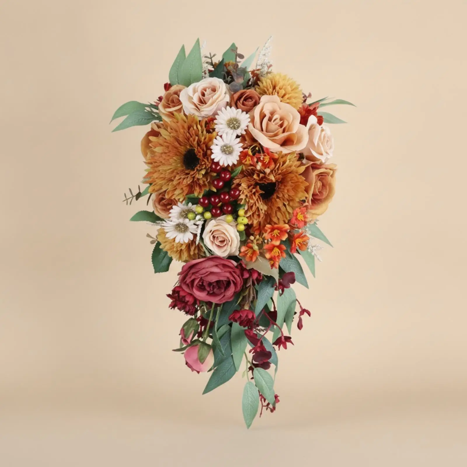 Caramel Tone Silk Flower Bouquet for Bride Handheld Teardrop Design with Golden Accents for Party Decor