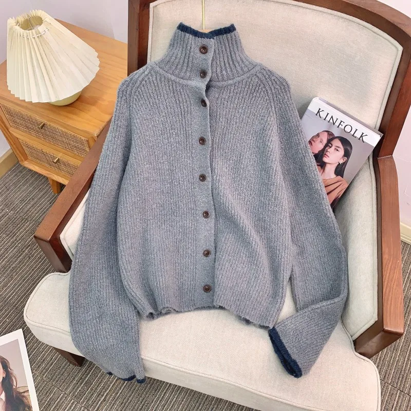 

Теплый вязаный кардиган из шерстяной смеси с открытым передом, в стиле ретро, с цветовыми блоками, зимний модный женский свитер с высоким воротником, длинными рукавами, термо.