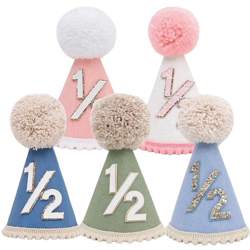 

1/2 Birthday Hat Mini Cone Hats For Half Year Old Baby Boys Girl Birthday Party Decor Headband Photo Props Decoration Tools