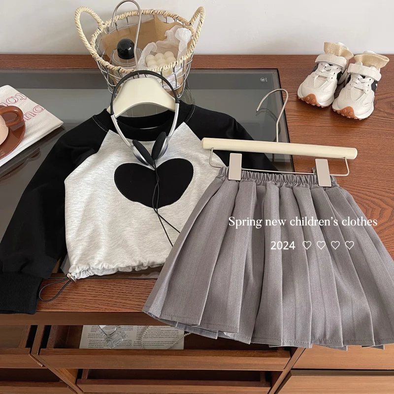 

Girls' Sweatshirt Set Spring New Girls' Long Sleeve Sweatshirt Top+Pleated Short Skirt Two-Piece Set