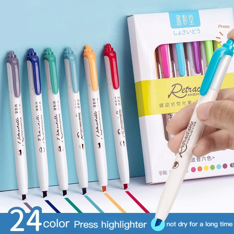 6 Colors Push Button Highlighter Pen Multicolor Kawaii Highlighter Anti-Dry Ink Student Stationery Coloring Hand Account