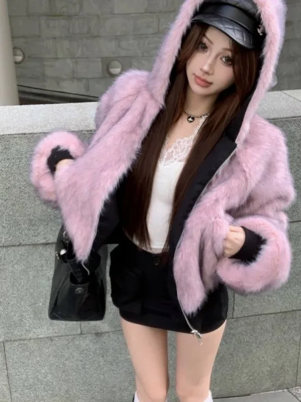 

Thiened Fce Women's Parka Coat Double-Sided Wearable Eco-Friendly Fur Cotton Jaet Winter Warm Hooded Zipper Closure Lo...