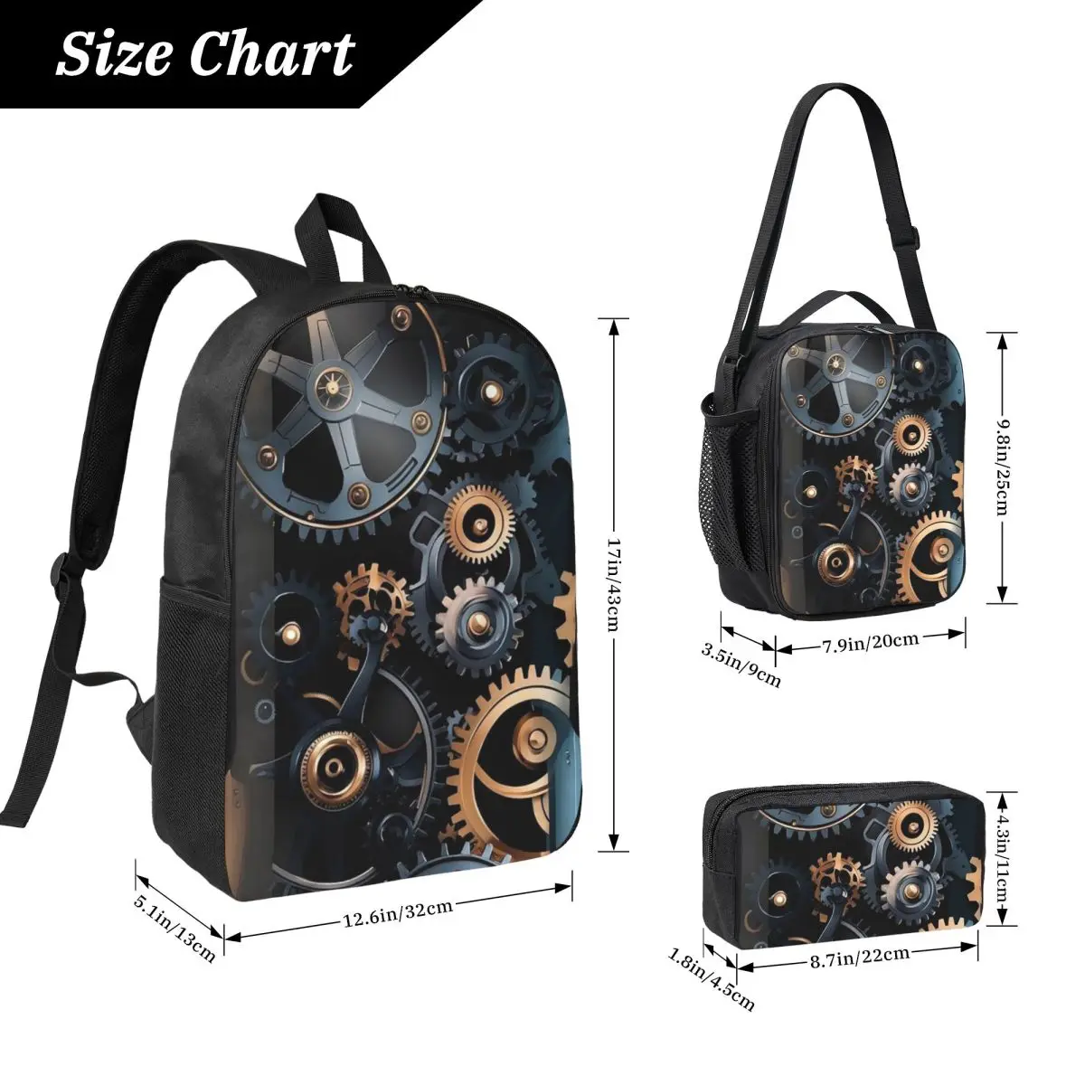 Mechanical Machine Gears Steampunk Style Backpack BookBag School Bag Laptop Shoulder Bags 3ps Insulated Lunch Bag Pencil Case