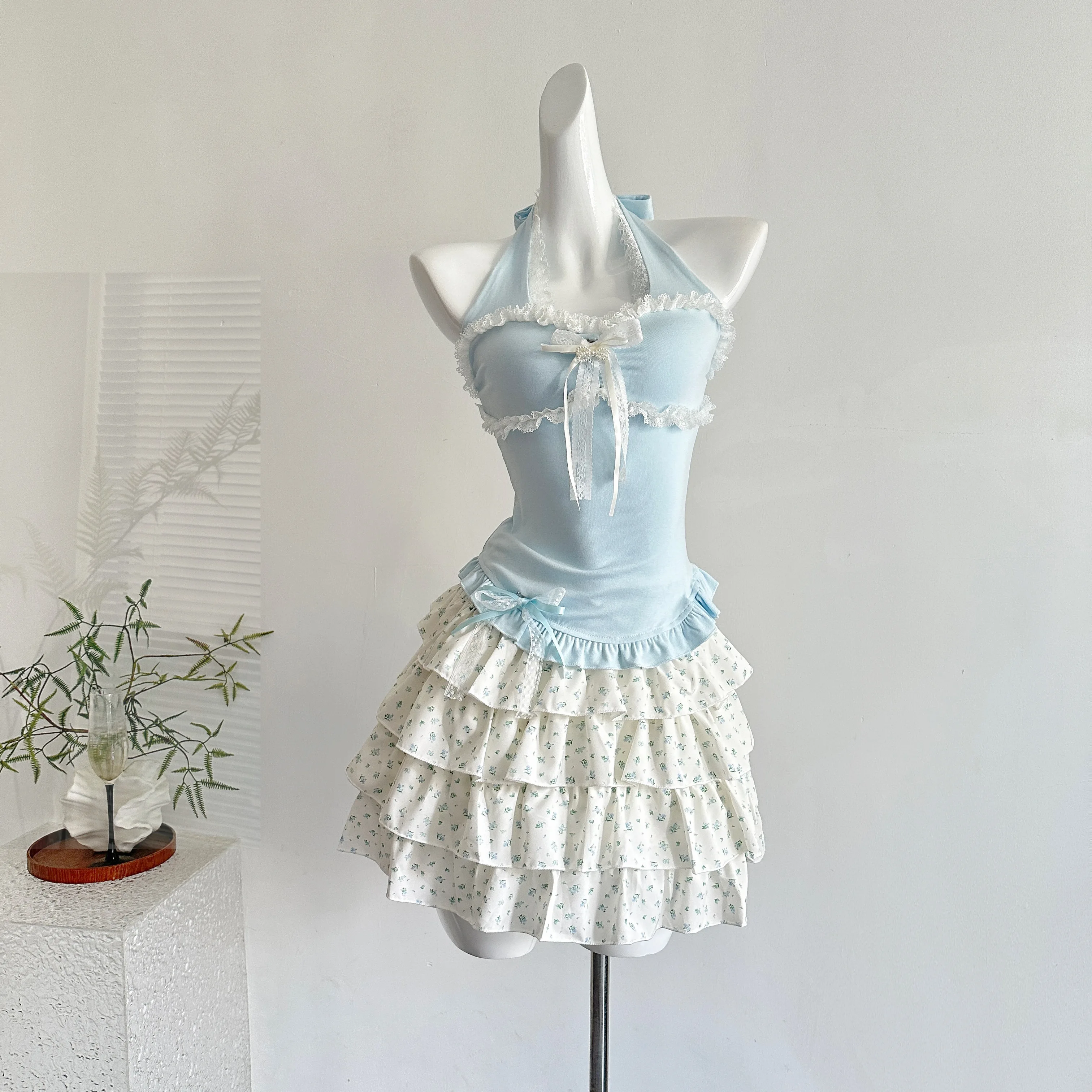 

Summer New French Sweet Sling Dress Suit Women Fit Chic Vest + Floral Skirt New Elegant Fashion Slim 2 Piece Set 2025