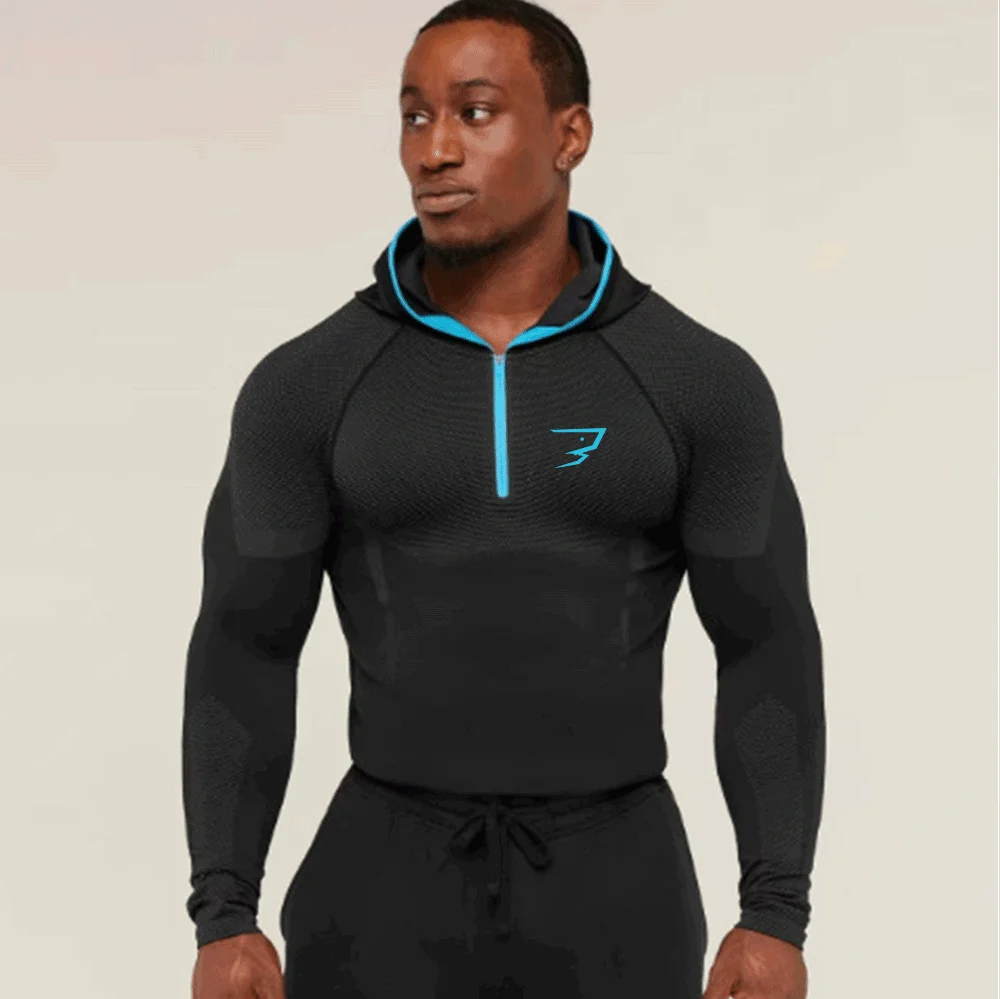 Men's Quick Dry Compression Hoodie Long Sleeve Half Zip Gym Shirt Breathable Fitness Workout Running Sports Top
