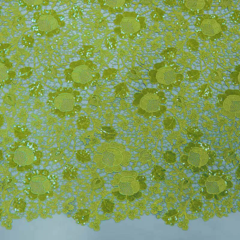 Golden Green Beads Guipure Lace Fabric for Sewing Wedding Clothing Sequin Lemon yellow Beautiful African Laces Fabrics to Sew