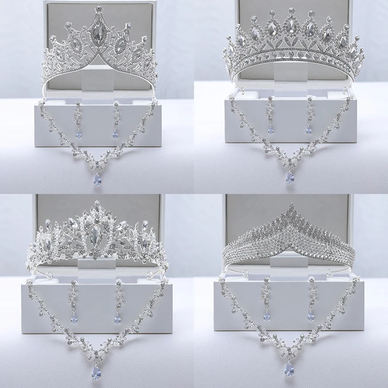 Itacazzo Bridal Headwear	Silver-color	Baroque	Style Ladies'	Noble	Wedding Crown	Necklace Earrings 4 Pcs Set	(Without Box)