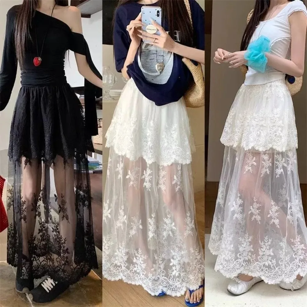 

New 2026 Summer Sweet Lace Lolita Skirts Womens Kawai Korean Fashion Skirt Girl Japan Elegant High Waist A-Line Y2k Skirt