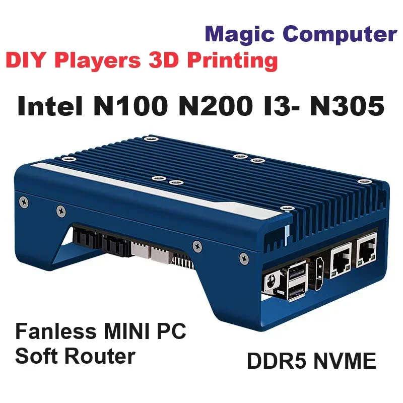 Magic Computer Intel N100 N200 I3- N305 Soft Router Fanless MINI PC Small Host DDR5 4 NVME DIY Players'Favorite FOR 3D Printing