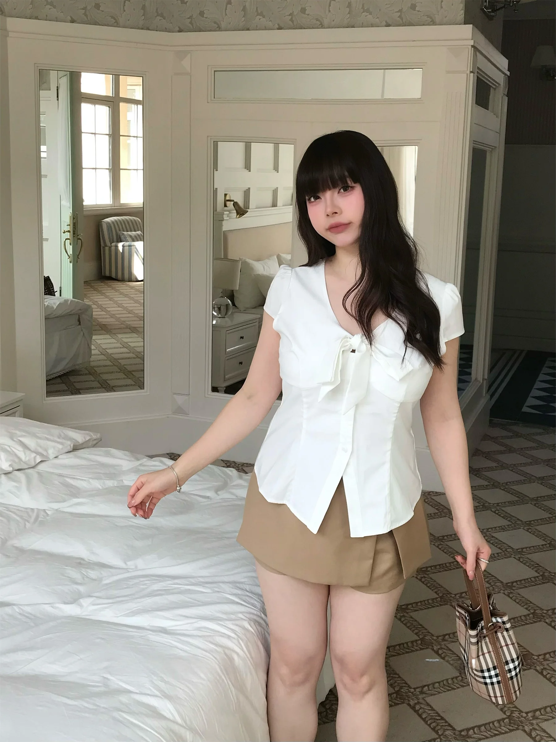 

Летний комплект Ulovely: шифоновая рубашка и юбка цвета хаки для женщин больших размеров, с короткими рукавами-фонариками, скрывающими недостатки на руках, комплект из двух предметов