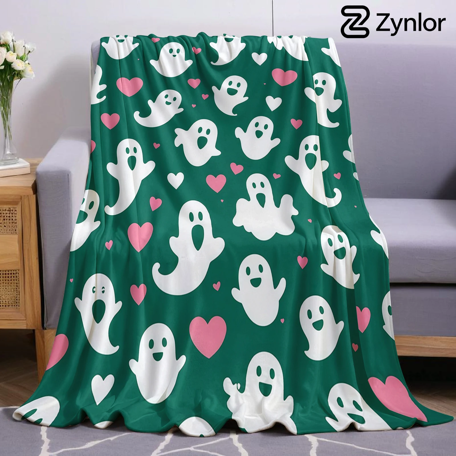 Green Ghost Pink Heart Doodle Lightweight Microfiber Soft Christmas Fleece Blanket Warm Cozy Throw for Sofa Travel All Season