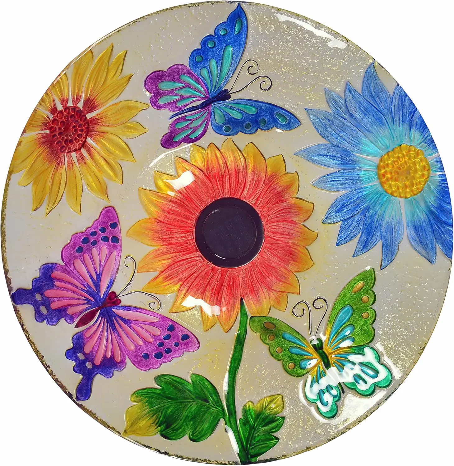 Handpainted Butterfly Glass Solar Birdbath with LED Light for Outdoor Garden, 21 Inch Yellow