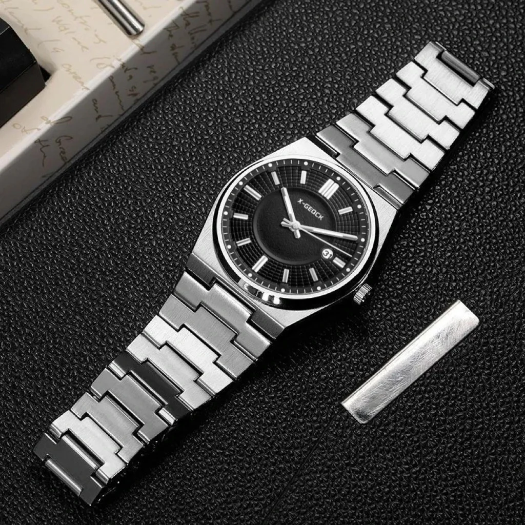Reloj de cuarzo para hombre, con caja de acero inoxidable, resistente al agua, con esfera luminiscente, indicador de fecha, diseño analógico, ideal para el ámbito laboral y el uso diario, un accesorio de moda.