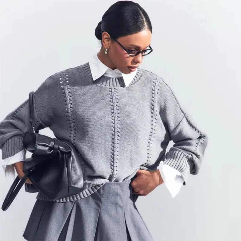 

Women Hollow Out Pullover Sweater Autumn Winter Pure Color Loose Knitwear Top Round Neck Jumper Fashion Trend Female Sweater