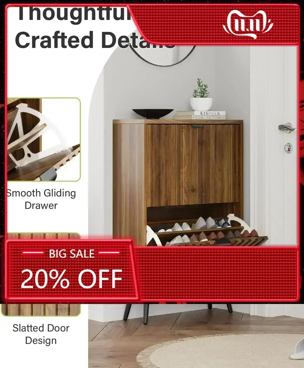 

Hot salesShoe Cabinet, Slim Fluted Shoe Cabinet Storage for Entryway, Walnut Hidden Shoe Cabinet with Metal Legs and Flip Doors