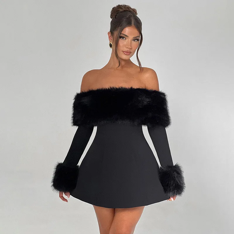 Outono inverno europeu e americano mulheres alto senso gola de pele sexy uma linha ombro manga comprida vestido delgado A-line