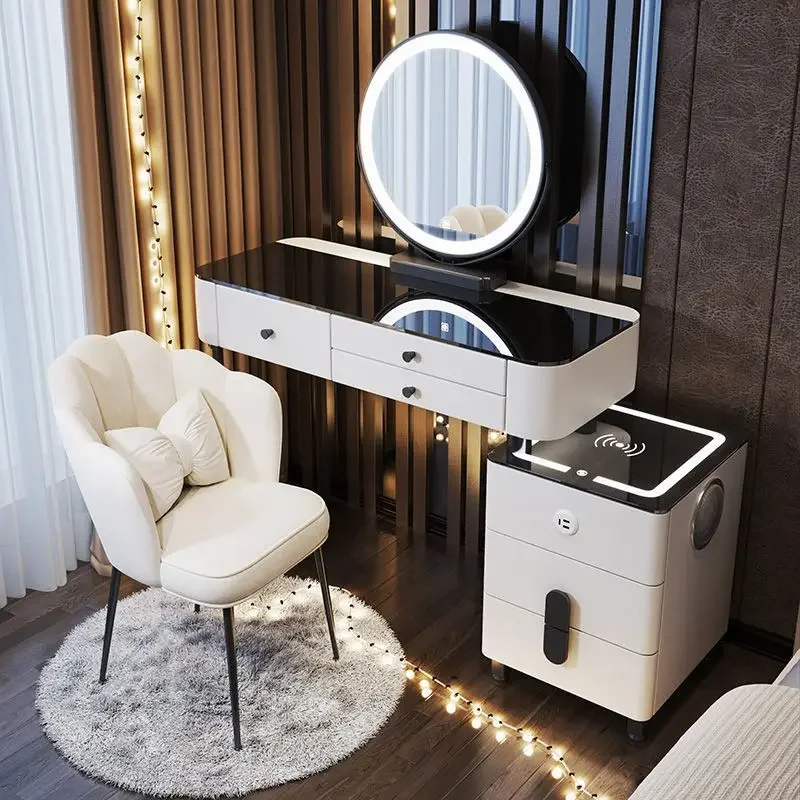 Table de maquillage multifonctionnelle moderne avec chargement sans fil intelligent, miroir LED nuage sonore, table de chambre à coucher de luxe