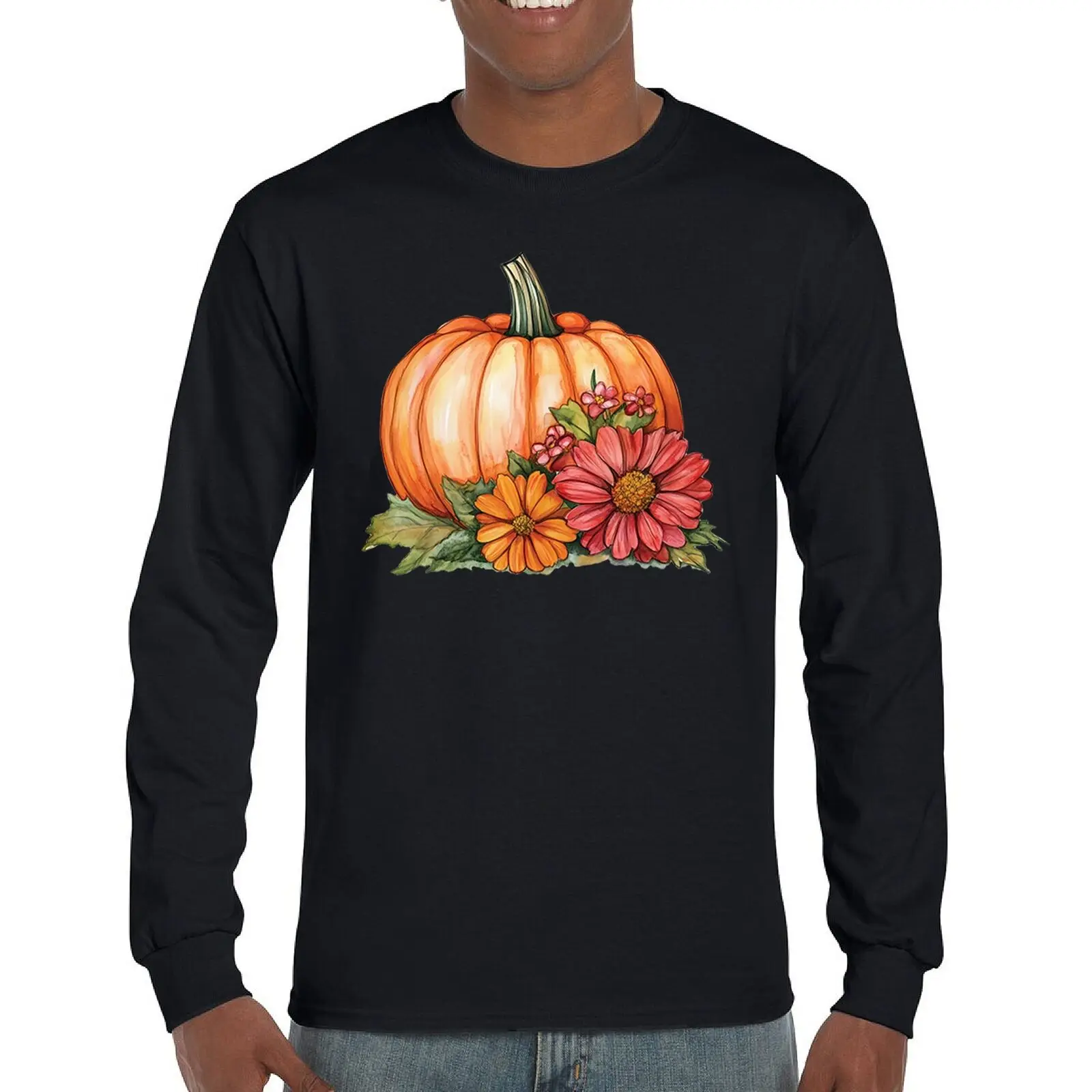 

Autumn Pumpkin with Flowers Long Sleeve T-shirt Cute Cozy Fall Thanksgiving