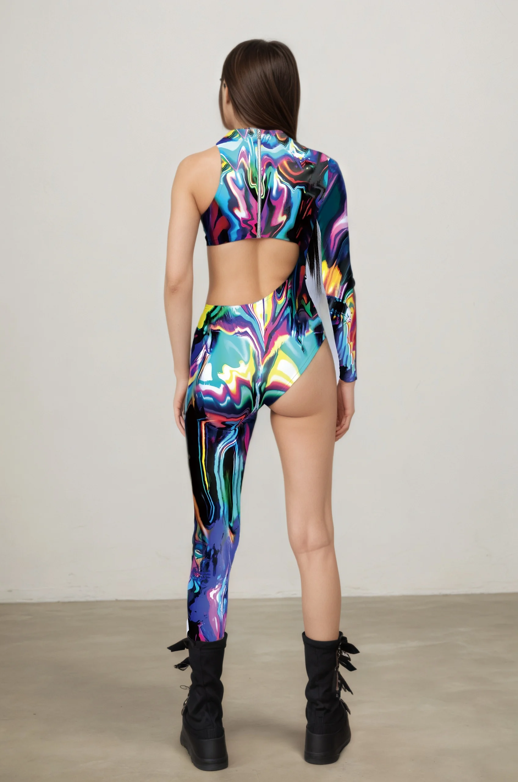 IOOTIANY Bunter Asymmetrischer Urlaubs-Bodysuit Kostüm Party Performance Jumpsuit Sexy Ausgeschnittener High-Grip Strandanzug Badeanzug – Detail 7