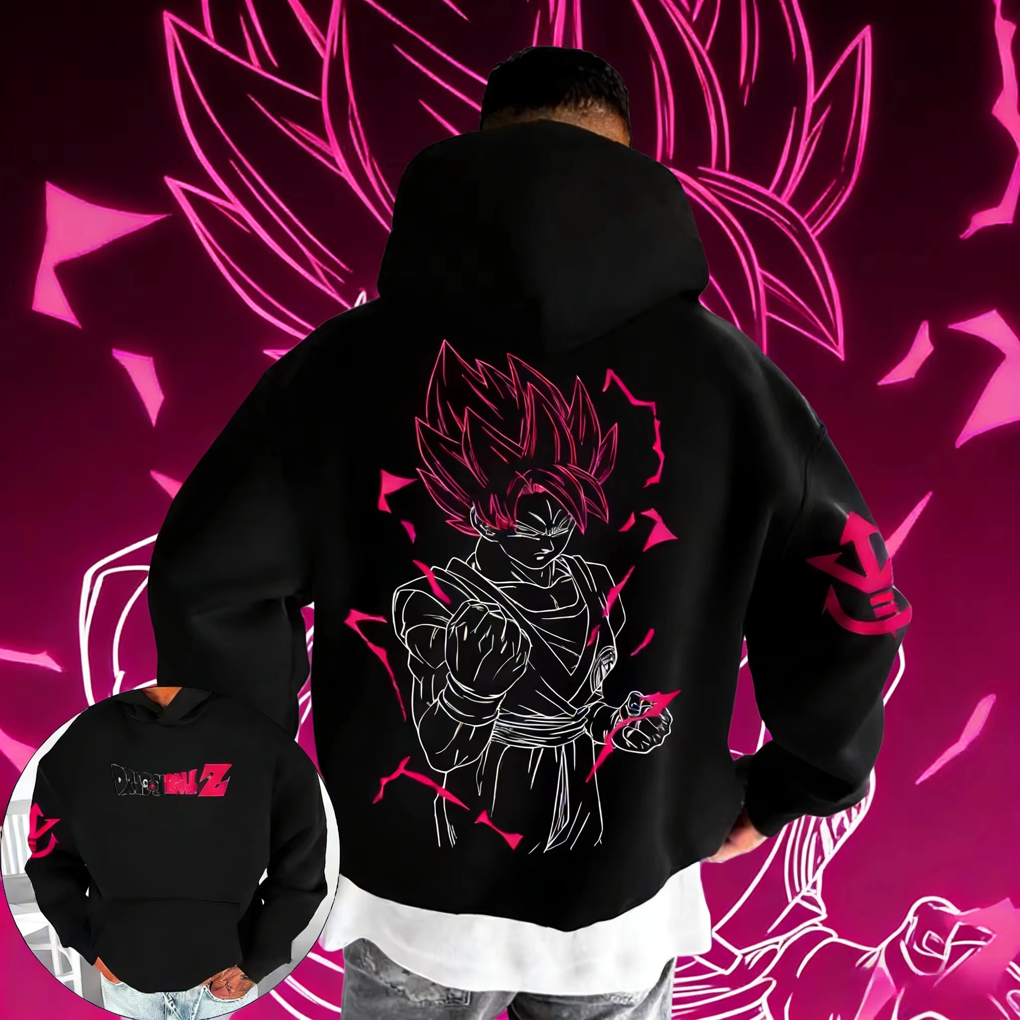 

Худи унисекс из хлопка «Драгон Болл Z» на осень-зиму 2026: винтажный розовый свитшот с принтом Гоку и молниеносным линейным рисунком для фанатов DBZ