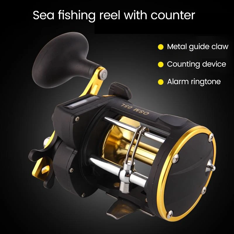 Placa de ferro Roda com Tambor Contador, All-Metal Mar Pesca Trolling Reel, Deep Sea Pesca Linha Roda