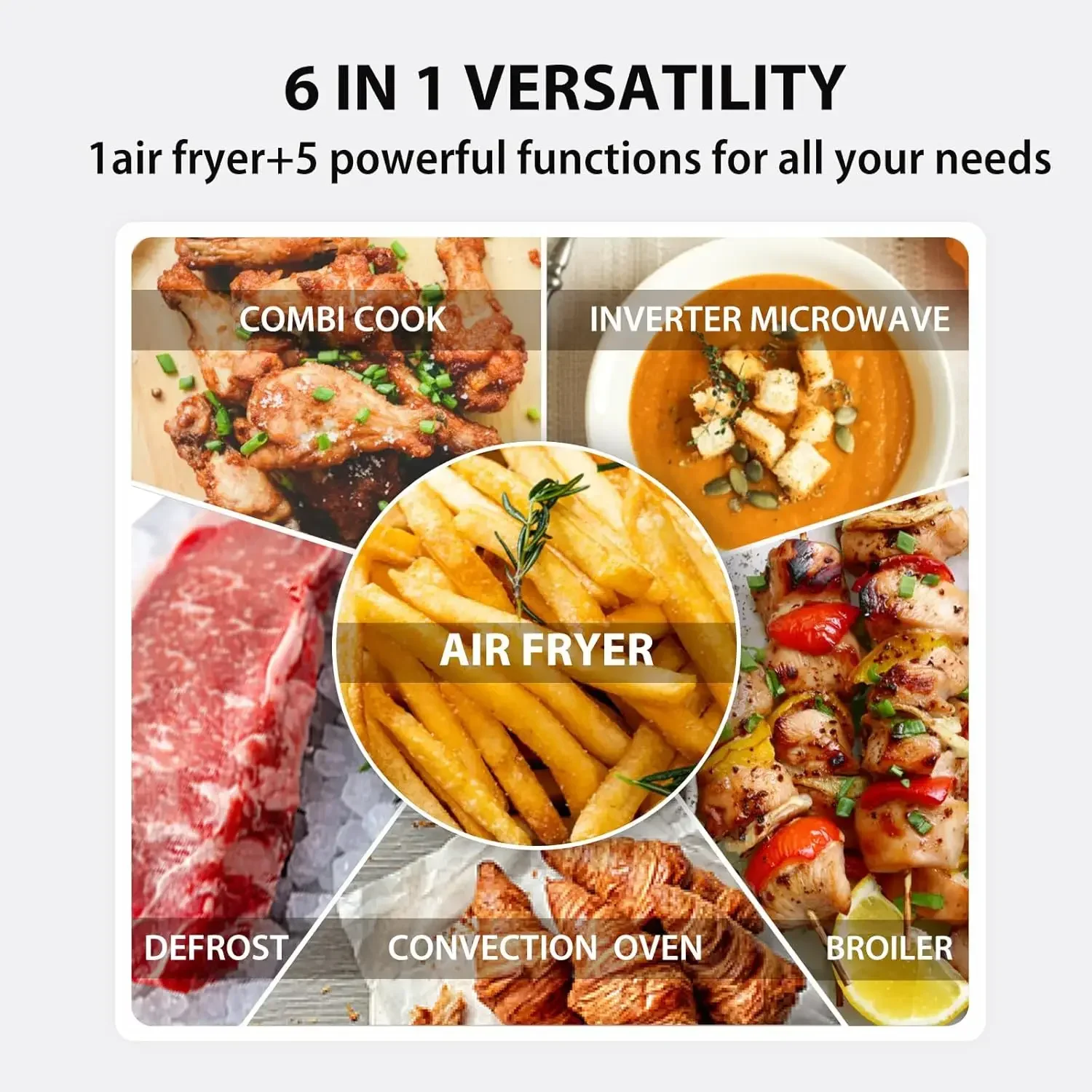 6-in-1 Inverter Countertop Microwave Air Fryer Combo, Stainless Steel with Convection Broil Defrost, 27 Auto Menu &Sound Control