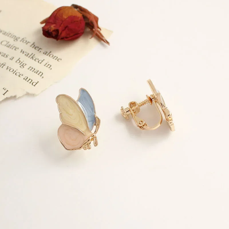 Korean Style Enamel Blue Rhinestone Butterfly Clip Earrings Small Elegant Butterfly Clip on Earrings Without Piercing for Female