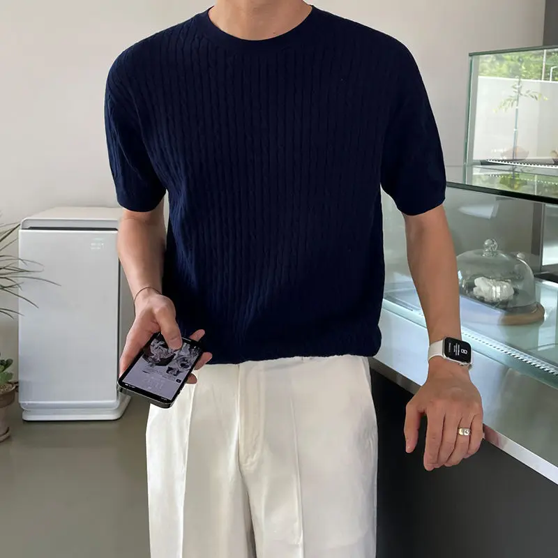 

MYQ Twisted Short-sleeved Knitted T-shirt Summer Men's Korean Loose Half-sleeved Solid Color Round Neck T-shirt Bottoming Shirt