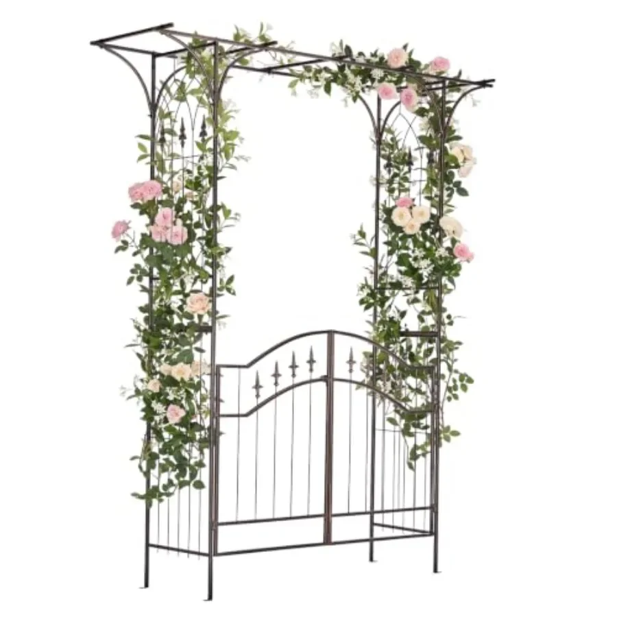 Garden Arbor: Metal Arch Trellis with Gate for Climbing Plants, Outdoor Use, 6.8ft Bronze Arch for Garden, Christmas, Wedding,