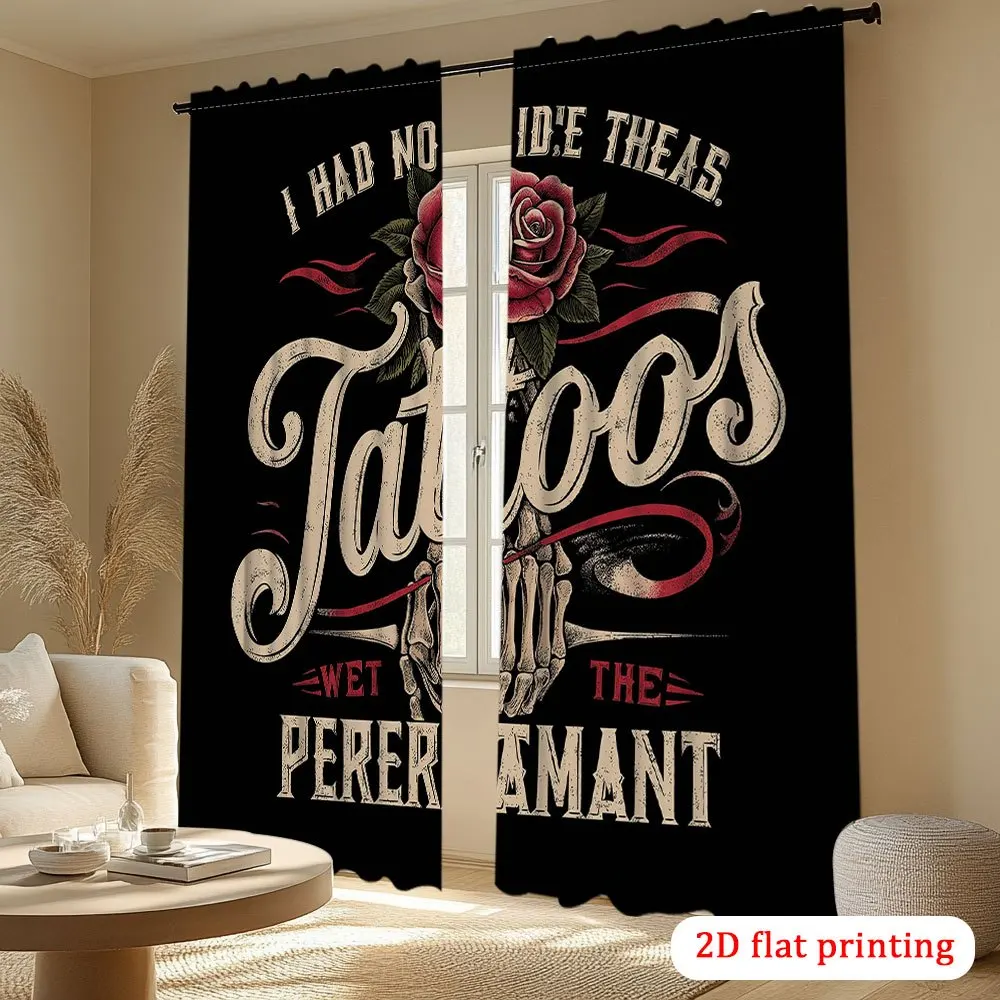 Old School Tattoo Style Blackout Curtains - Skeleton Hand Rose Lettering Graphic Window Drapes for Living Room Bedroom Decor