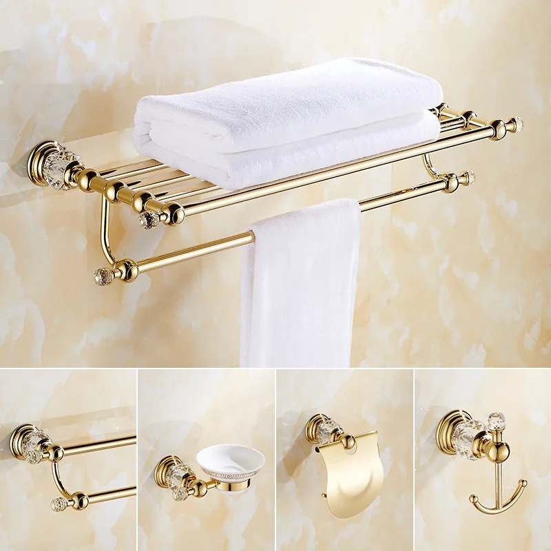 Crystal Towel Rack Set Gold Bathroom Storage Bath Towel Rack Stainless Steel Bathroom Hardware Kit Pendant