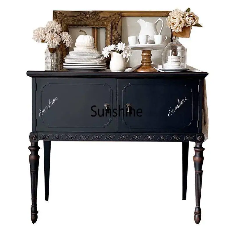 French retro black solid wood entrance cabinet decorative storage