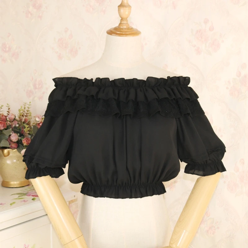 Blus Atasan Crop Sifon Ruffle Wanita Kemeja Bottoming Setengah Lengan Puff