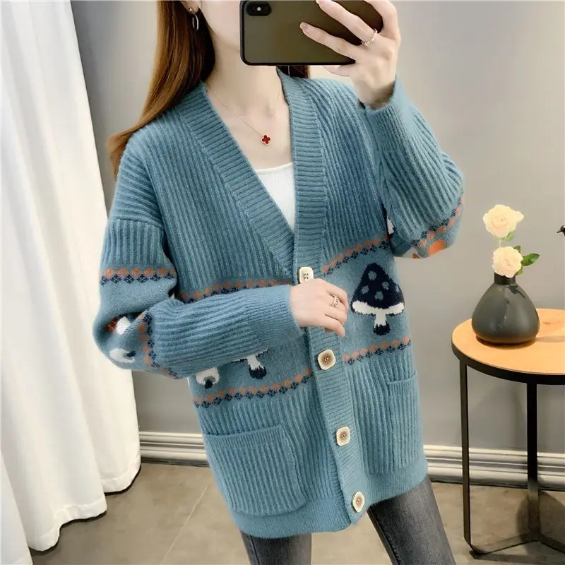 2023 New Lazy Style Women\'s Simple Embroidered Coat Loose Reducing Age Knitted Cardigan Spring and Autumn Button Long Sleeve Top