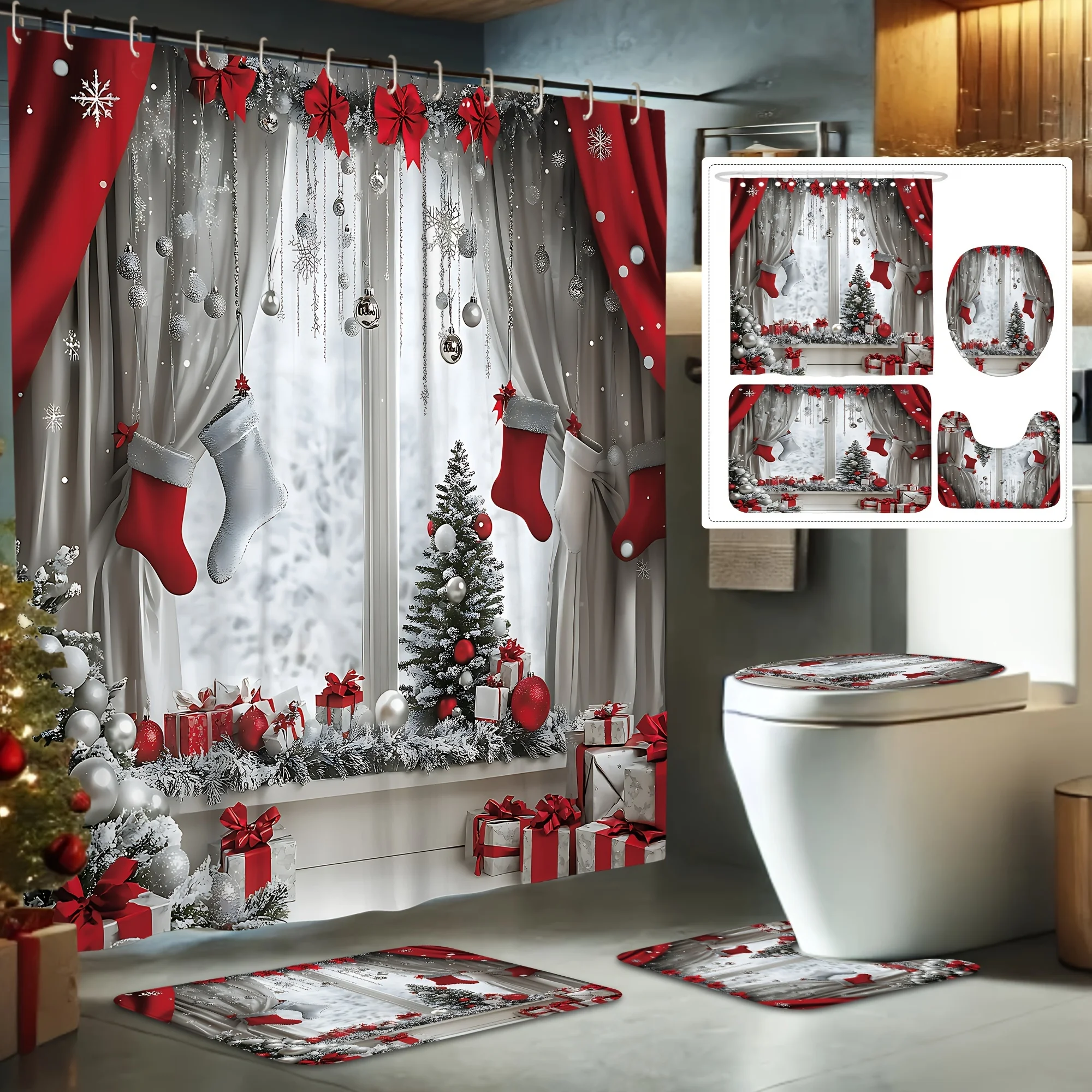 

4pcs Christmas Red Silver Shower Curtain Set with Non-Slip Mat & Toilet Cover, Washable Polyester Festive Holiday Bathroom Decor