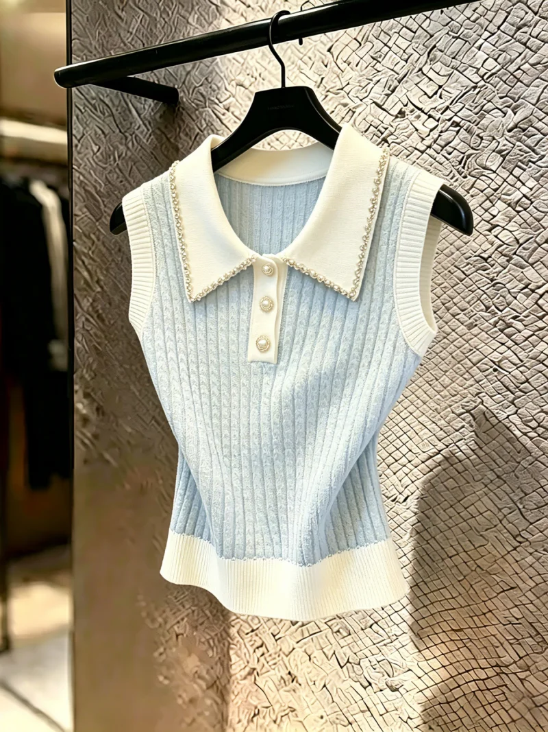

Unique Summer New Style Women's Knitted Vest Diamond Embellished Sleeveless Collar Self-Keeping Recommended Fashionable Top