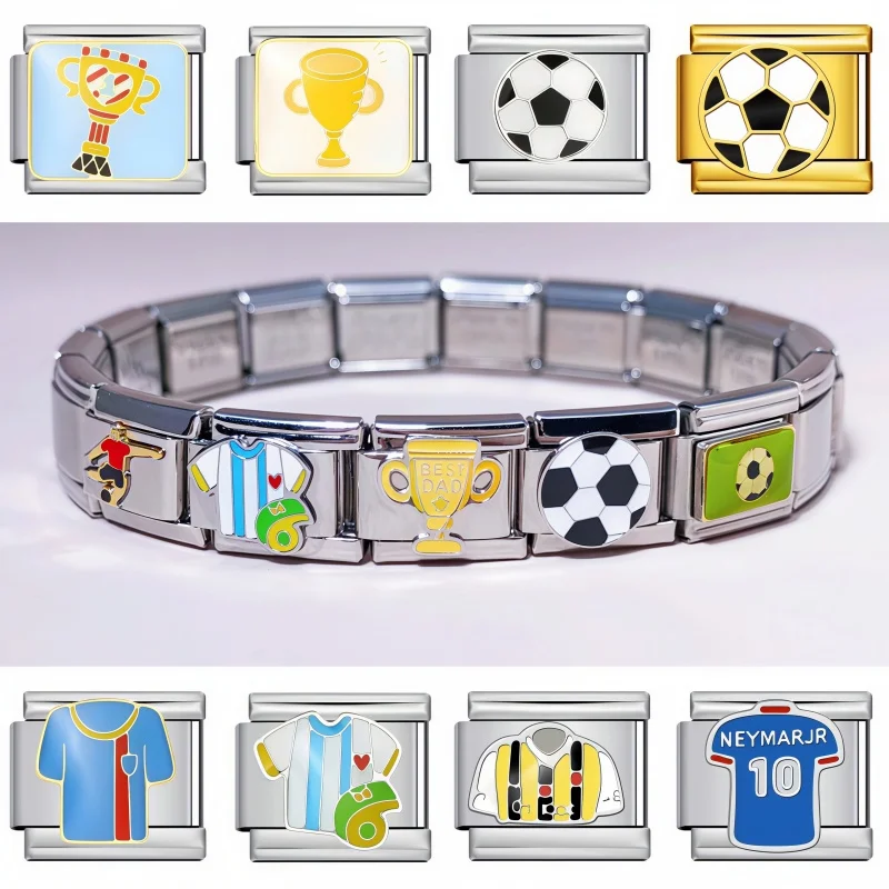 Football Jersey Trophy Italian Charm Links Fit 9MM Bracelet Stainless Steel Men Women Party Gathering DIY Making Gift