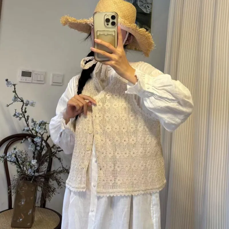 

Johnature Cut-out Crochet Cotton Embroidery Vest Cardigan 2025 Summer New Casual Mori Women Vintage V-neck Coats