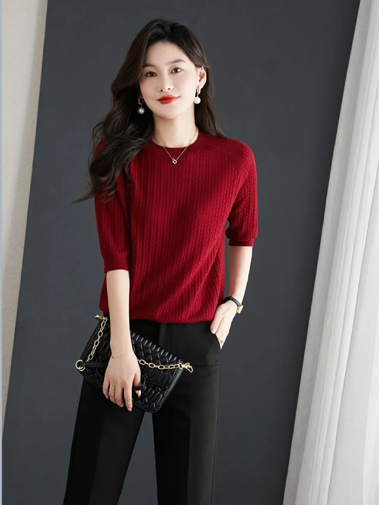 TuangBiang Summer Elegant 2023 Ribbed Thin Hollow Out Pullover Half Sleeves Knit Sweater Korean Women Spring Fashion Khaki Tops