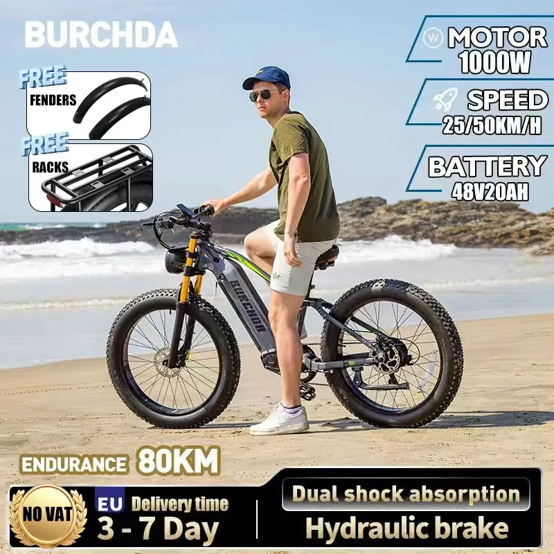 Vélo électrique de montagne BURCHDA RX80 1000W 50KM/H, batterie au lithium 48V20AH, pneus larges de 26 pouces 4.0, vélo électrique de montagne pour adultes