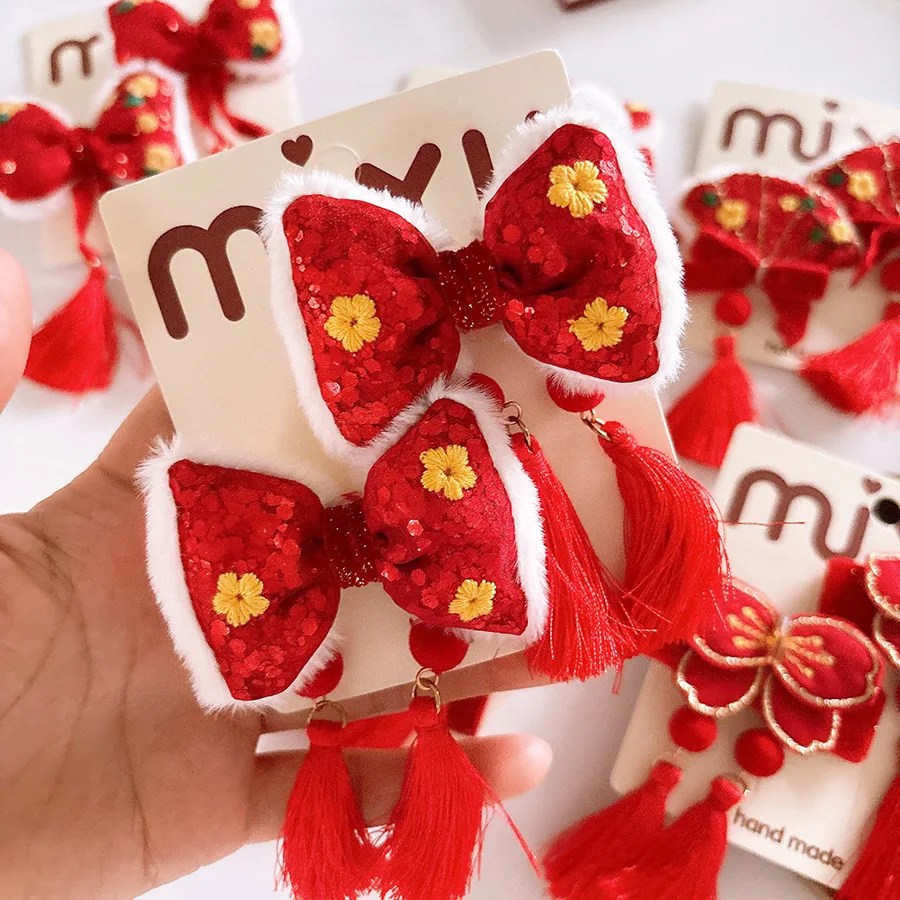 

Заколки для волос Girly Heart, набор из 2 боковых зажимов с кисточками в китайском стиле, очаровательная красная заколка для волос на китайский Новый год, идея подарка