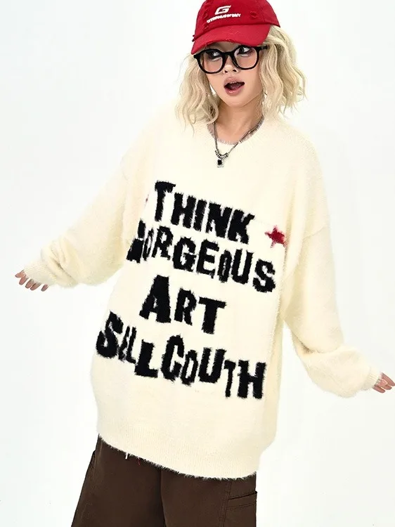 

American Sle Vintage Lazy round Ne Sweater ex Autumn Winter Loose Casual Versatile Couple Knitted irt Top