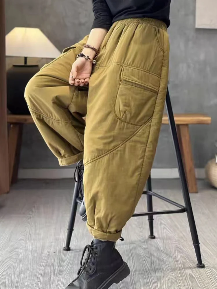 Vintage Cargo Pants 2024 New Winter Women Outerwear Quilted Work Trousers Office Lady Cotton-Padded Thick Warm Harem Pants