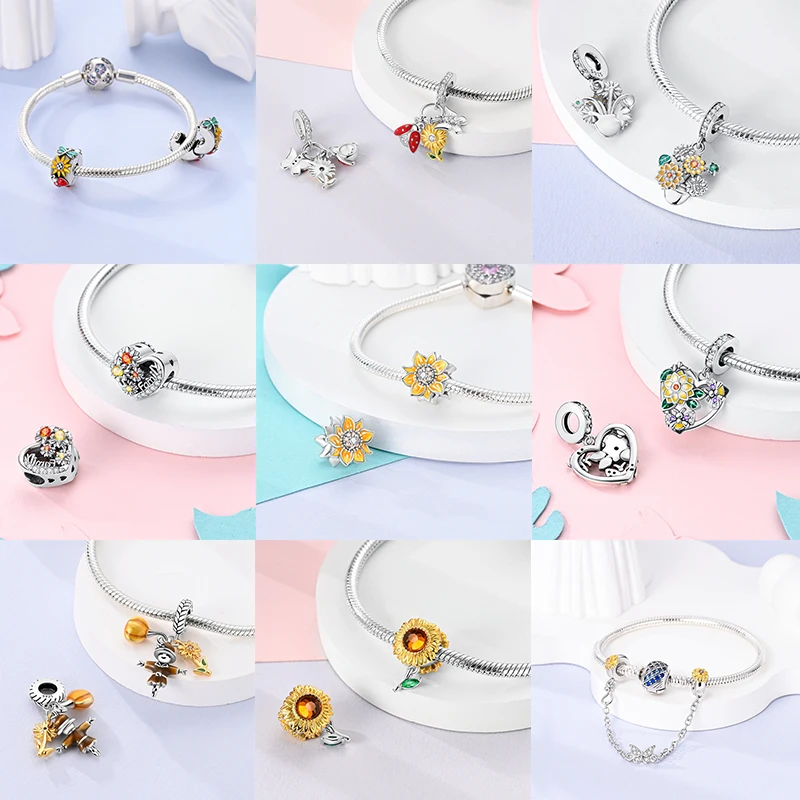 Katzen- und Sonnenblumen-Charm aus 925 Sterling Silber, gelbe Blume, Sonnenblume, Hausperlen, passend für Original-Armreifen, Damen-DIY-Schmuck – Detail 3