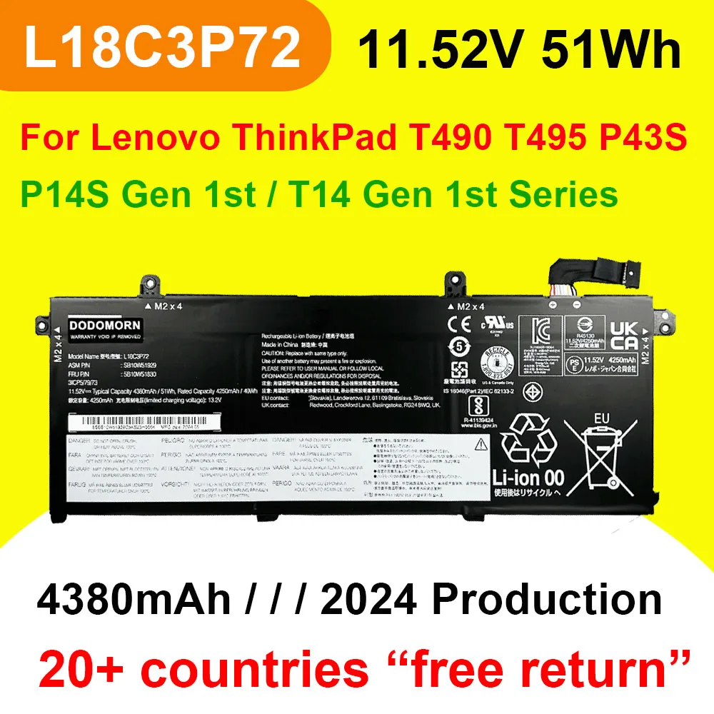 Imagem -01 - Bateria do Portátil para Lenovo Thinkpad Gen 1ª Série T490 T495 P43sp14s T14 Sb10w51929 L18l3p73 L18m3p73 L18m3p73 11.52v 51wh L18c3p72