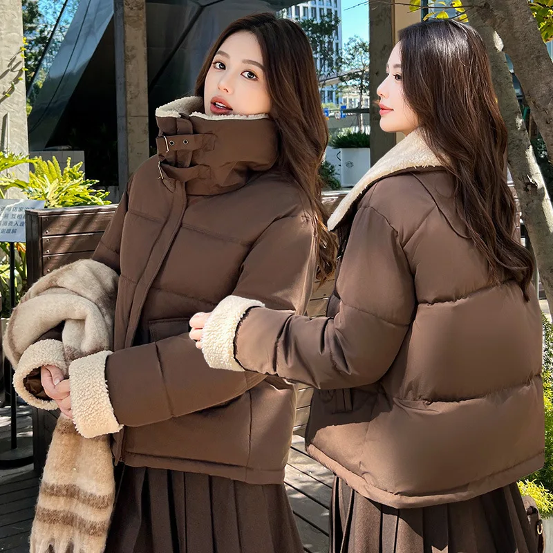 Lamb Wool Spliced Cotton Jacket For Women Korean Fashion Big Lapel Thicken Coat Winter Casual Solid Color Female Overcoat