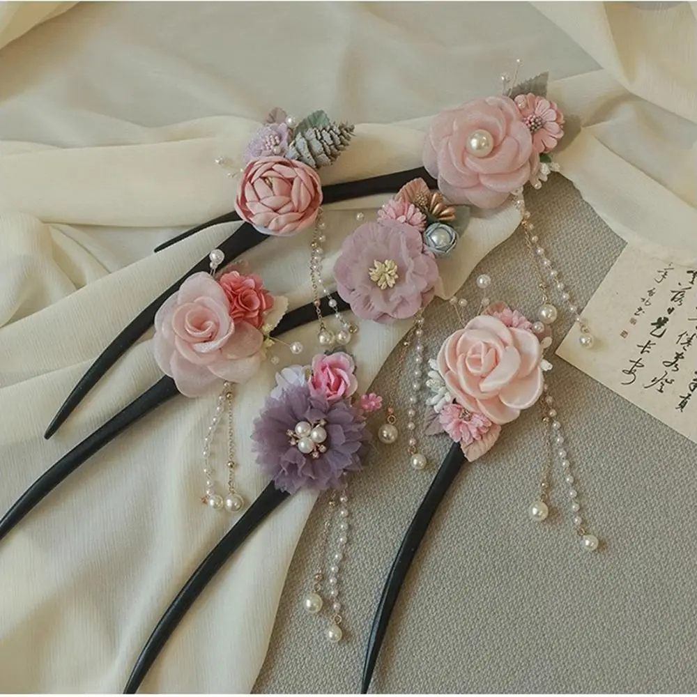 

Classical Flower Wooden Hair Stick Pearl Tassel Hanfu Hairpin Hanfu Headwear Hair Sticks for Buns Cheongsam Accessories